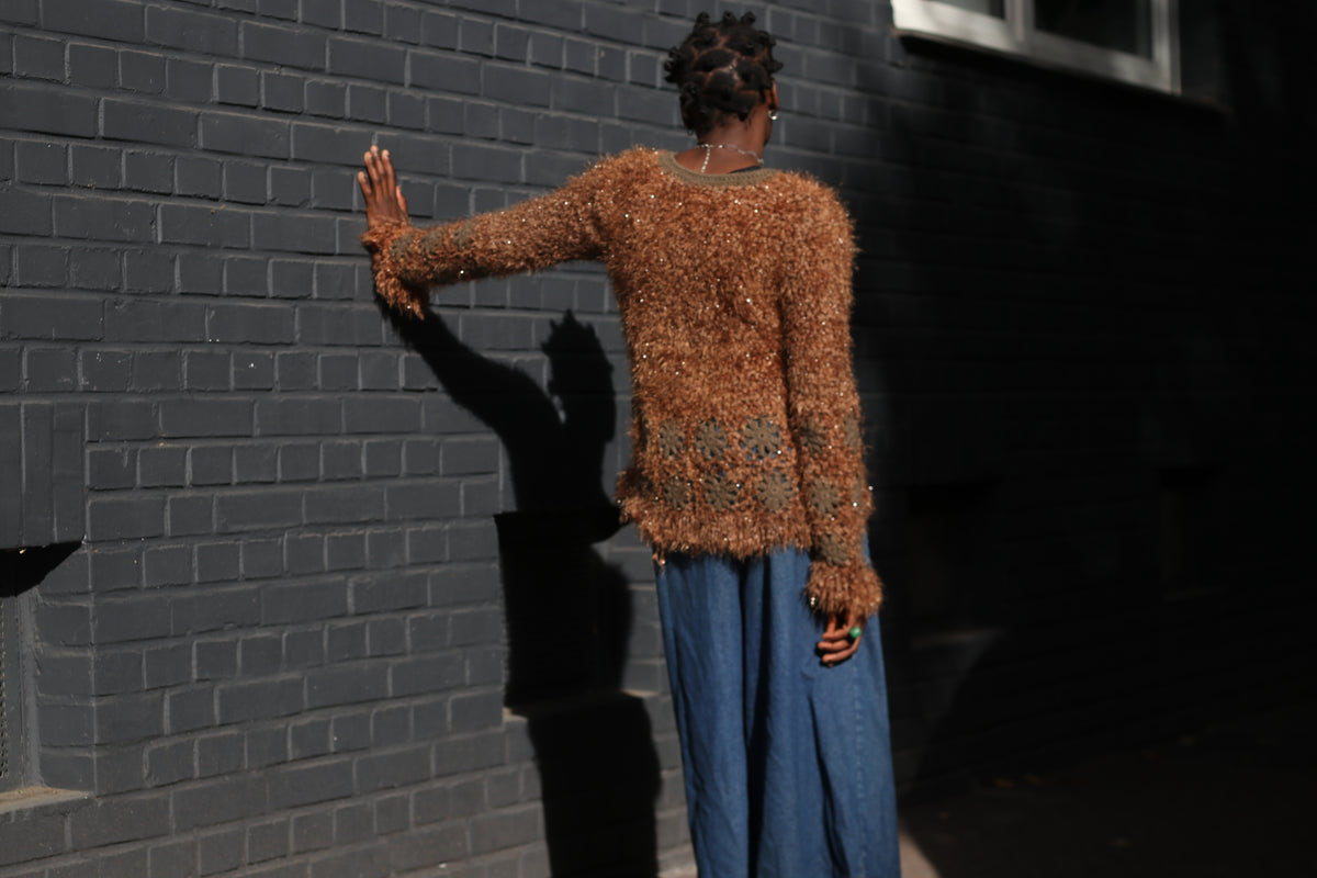 Vintage Brown Fuzzy Knit Cardigan | Y2K Crochet Trim Zipper Sweater XL