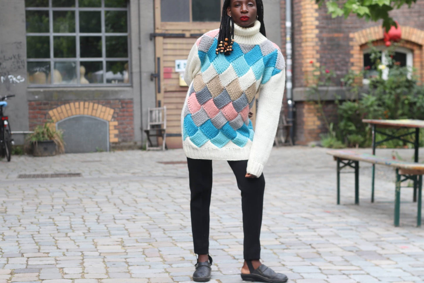 Vintage 80s Geometric Knit Turtleneck Sweater - Oversized Chunky Jumper