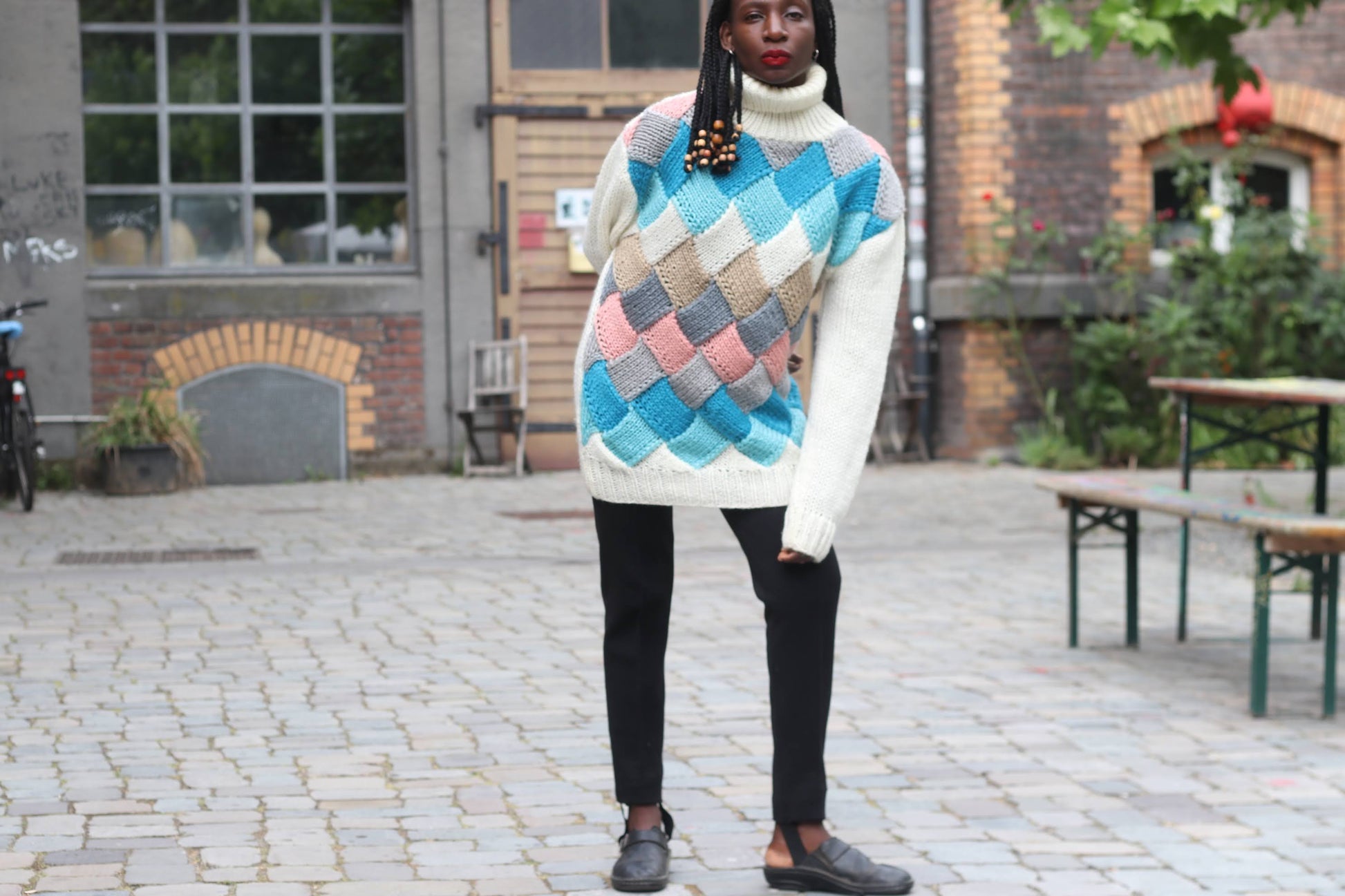 Vintage 80s Geometric Knit Turtleneck Sweater - Oversized Chunky Jumper
