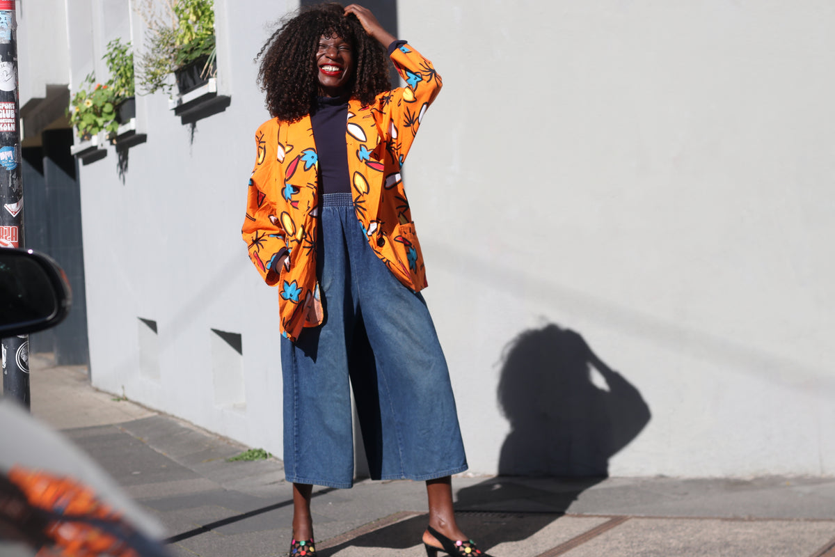 Vintage 80s Abstract Print Blazer | Orange Cotton Art Jacket M/L