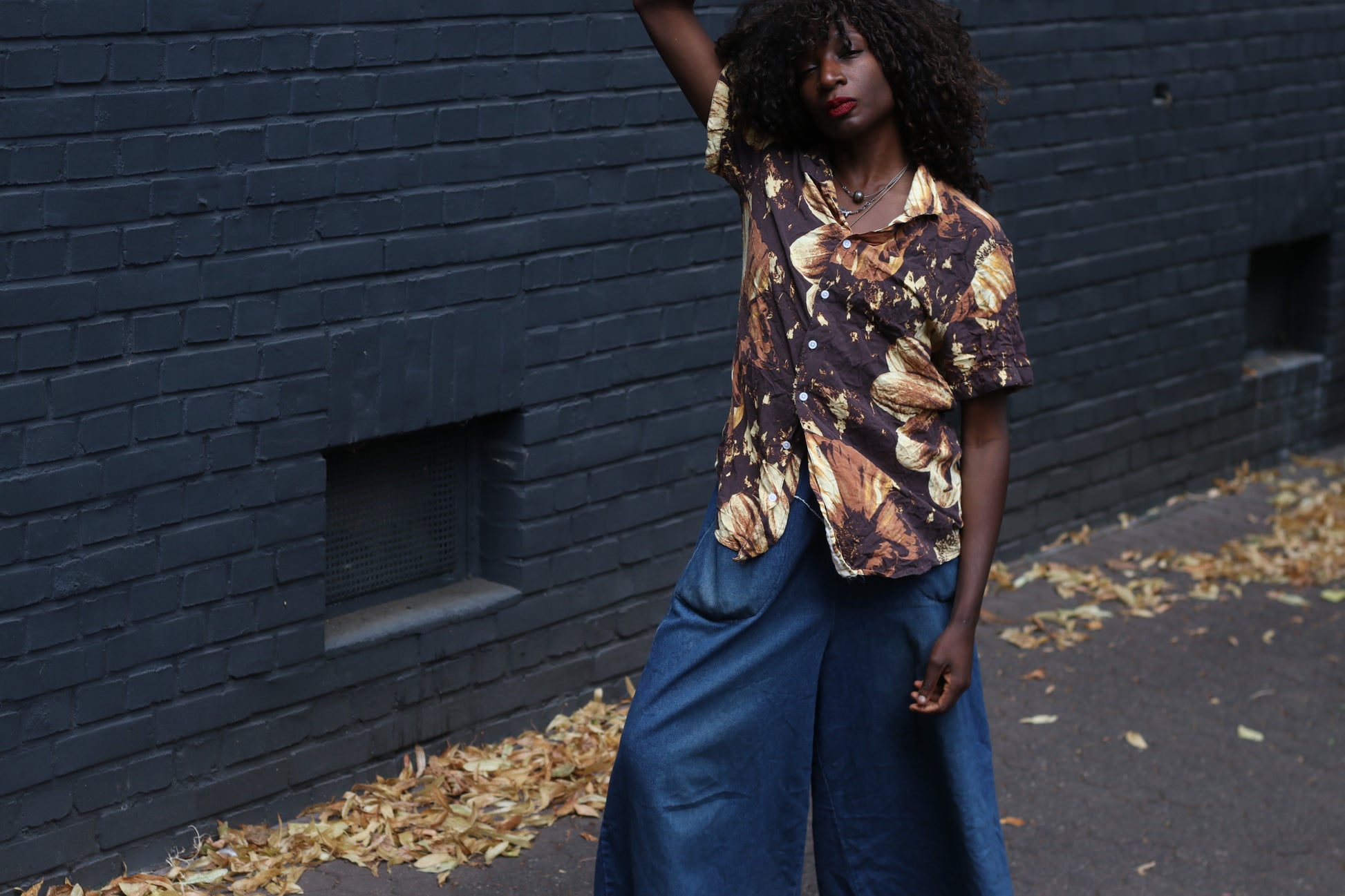 Vintage 90s Floral Short Sleeve Shirt Brown Beige M