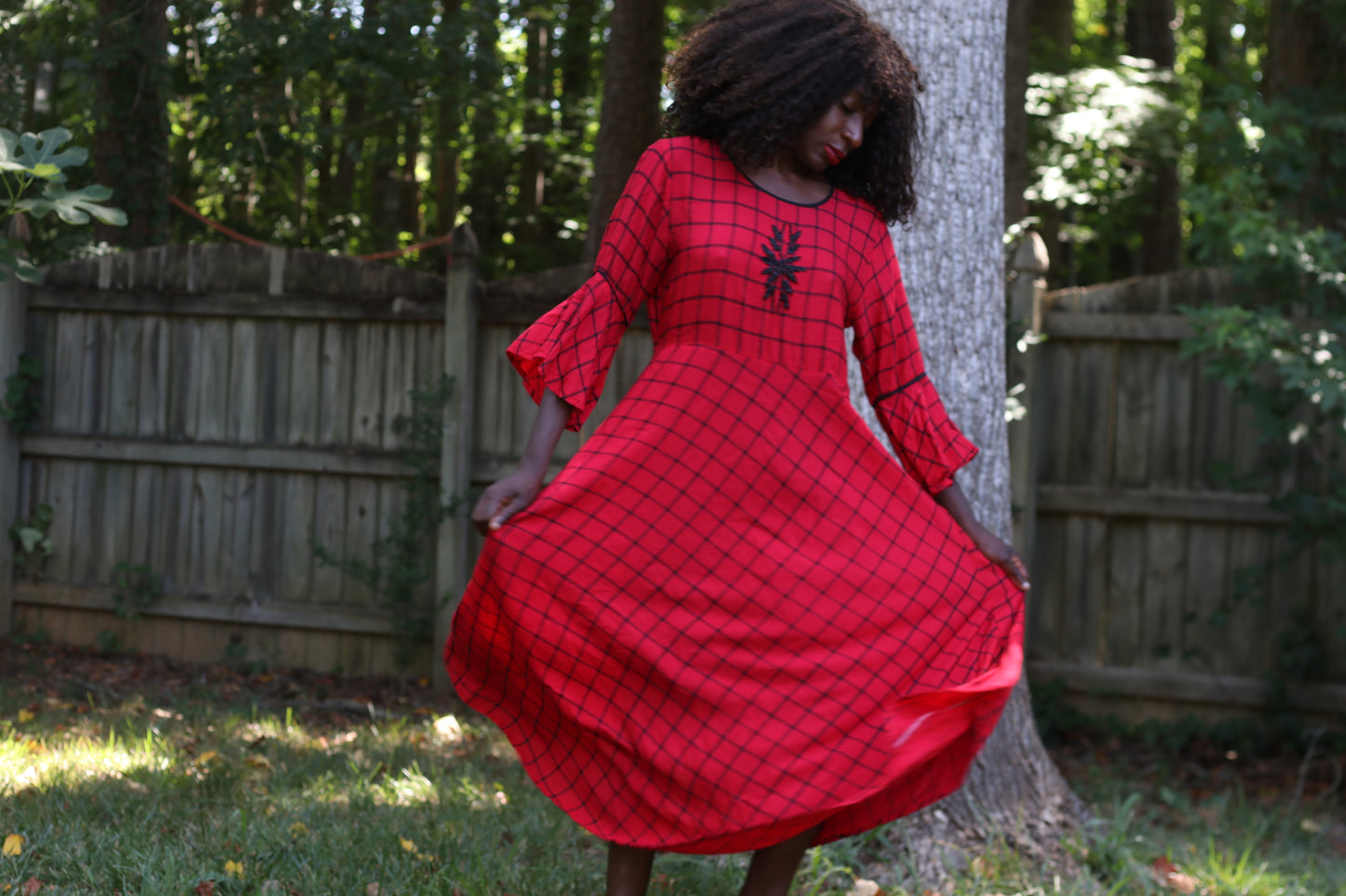 Vintage 1990s Red Plaid Bell Sleeve Maxi Dress