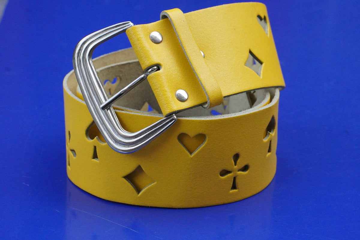 Vintage 90s Yellow Leather Belt - Playing Card Suit Cutouts