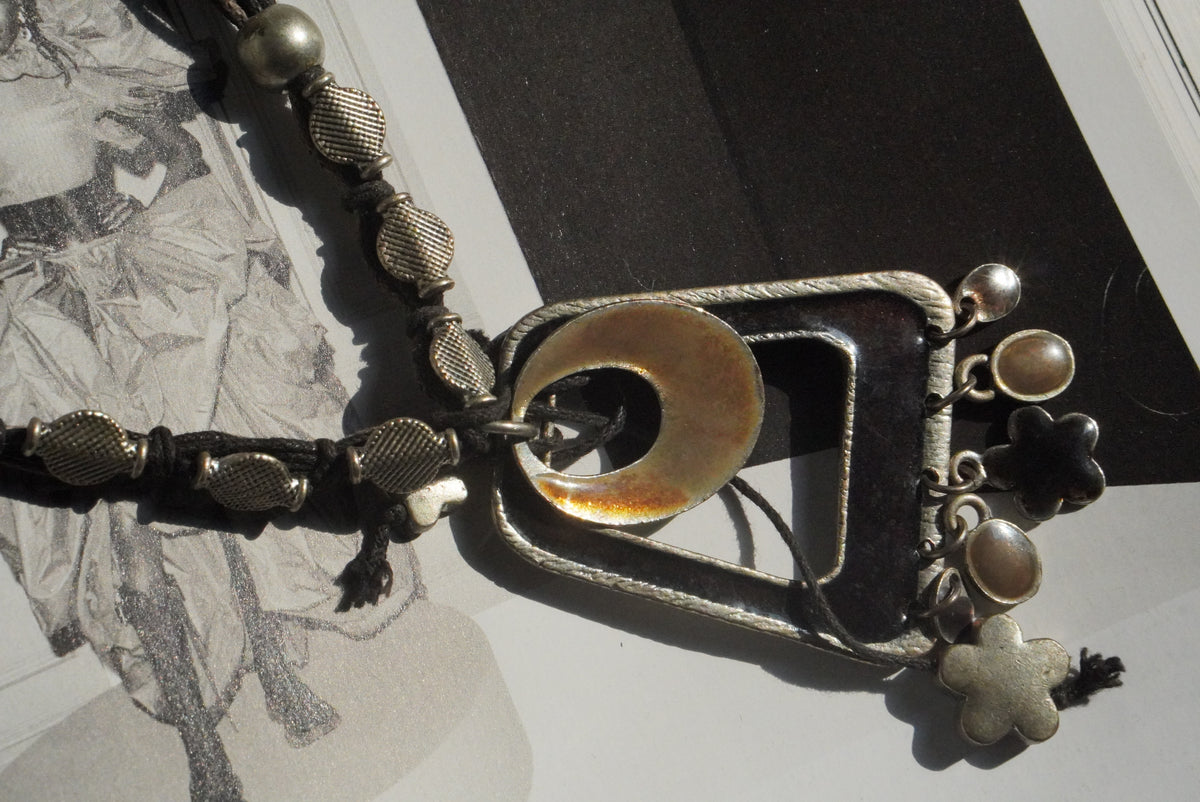 Vintage Boho Statement Necklace Silver Pendant 1990s Black Enamel Coin Choker Bag