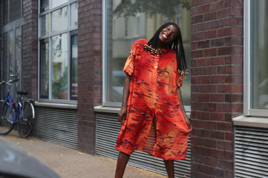 Vintage 90s Abstract Print Viscose Shirt Dress in Orange & Red