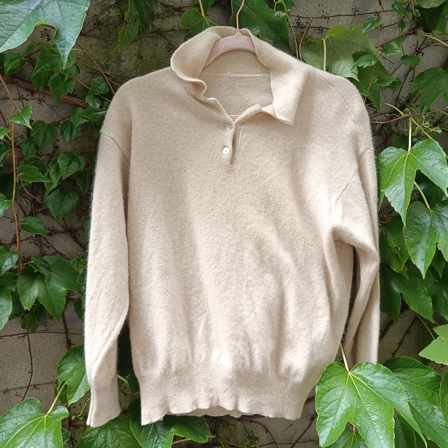 Vintage Beige Cashmere Polo Sweater - 90s Italian Cashmere Jumper XS-S