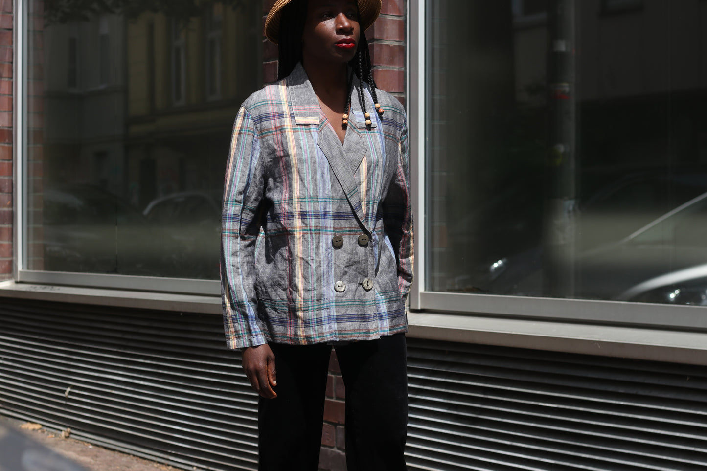 Vintage 80s Plaid Blazer Gray Tartan Check Double Breasted Light Summer Jacket