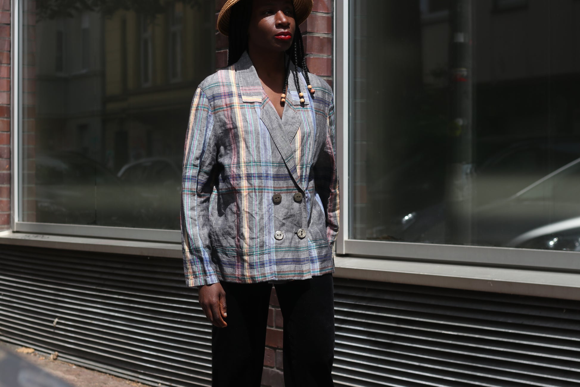 Vintage 80s Plaid Blazer Gray Tartan Check Double Breasted Light Summer Jacket