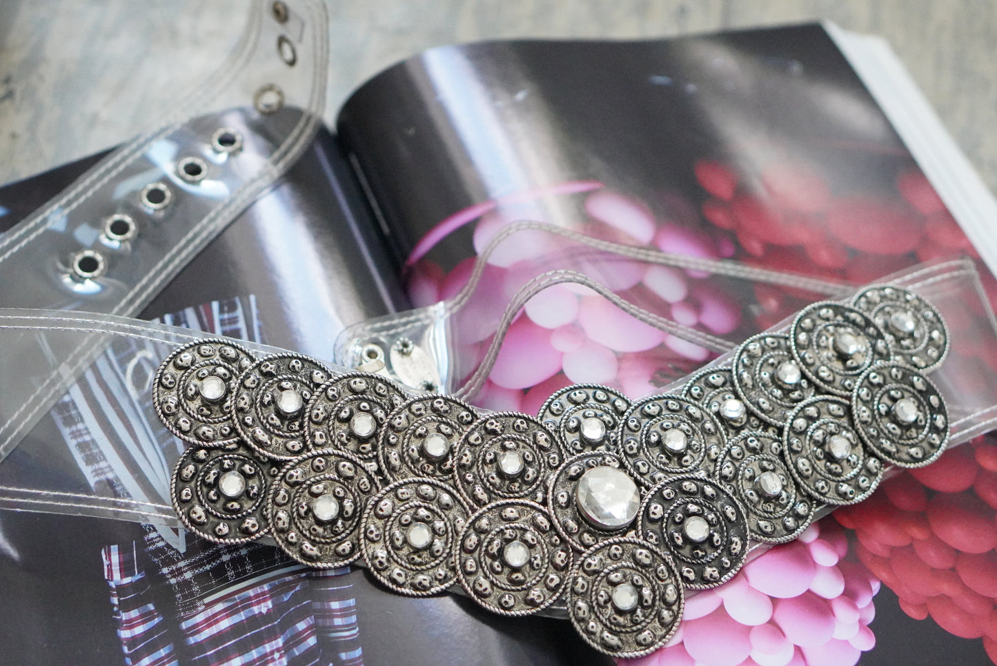 Jose Cotel 1985 Vintage Clear Vinyl Belt - French Medallion Waist Belt