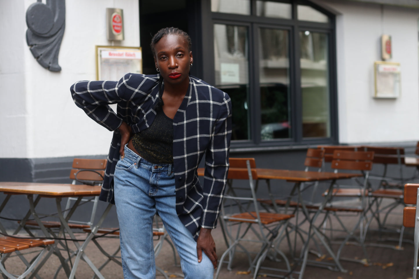 Vintage 80s Navy Plaid Blazer | Oversized Boxy Windowpane Jacket