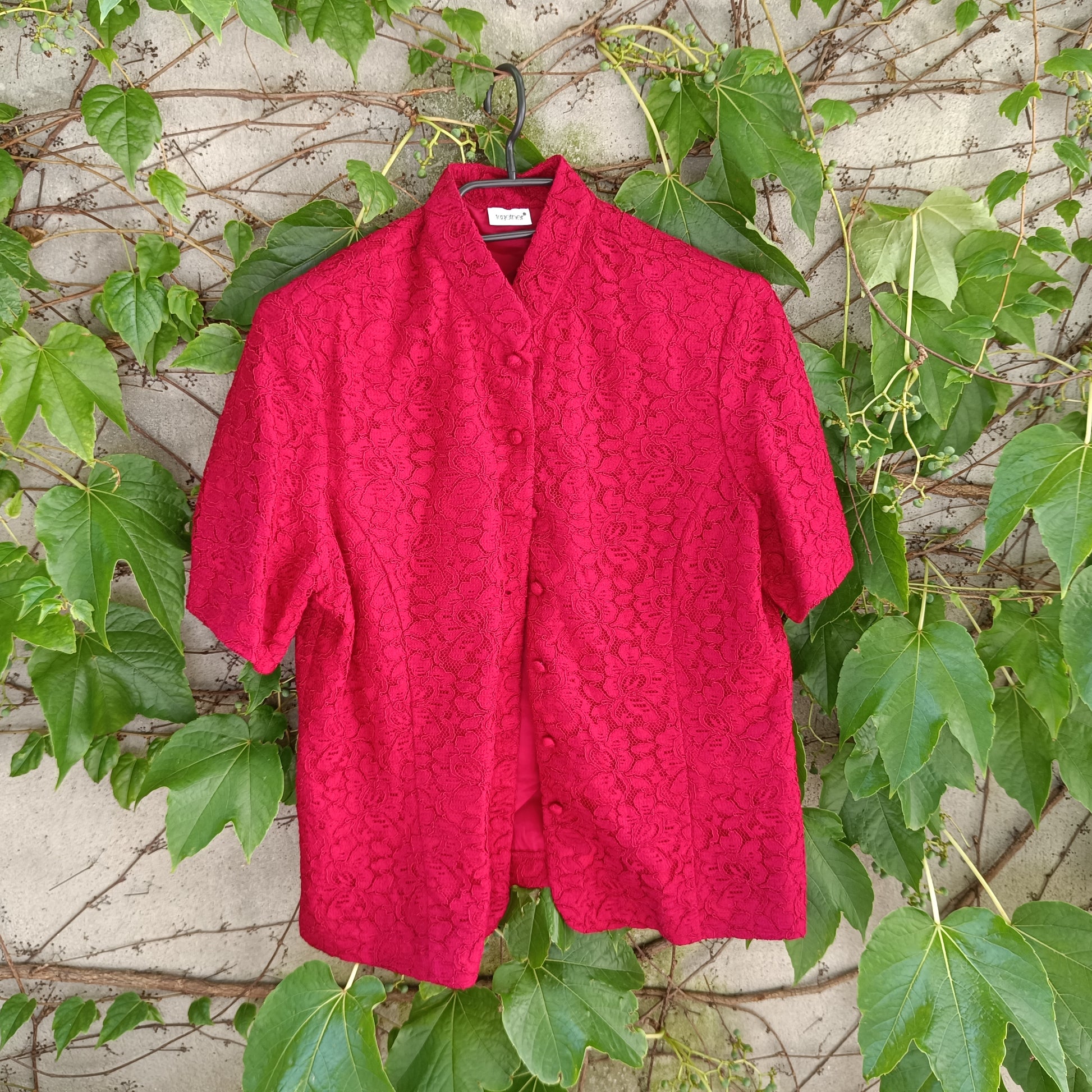 Red Lace Blouse Vintage 90s Mandarin Collar Shirt Short Sleeve | Fits S/M