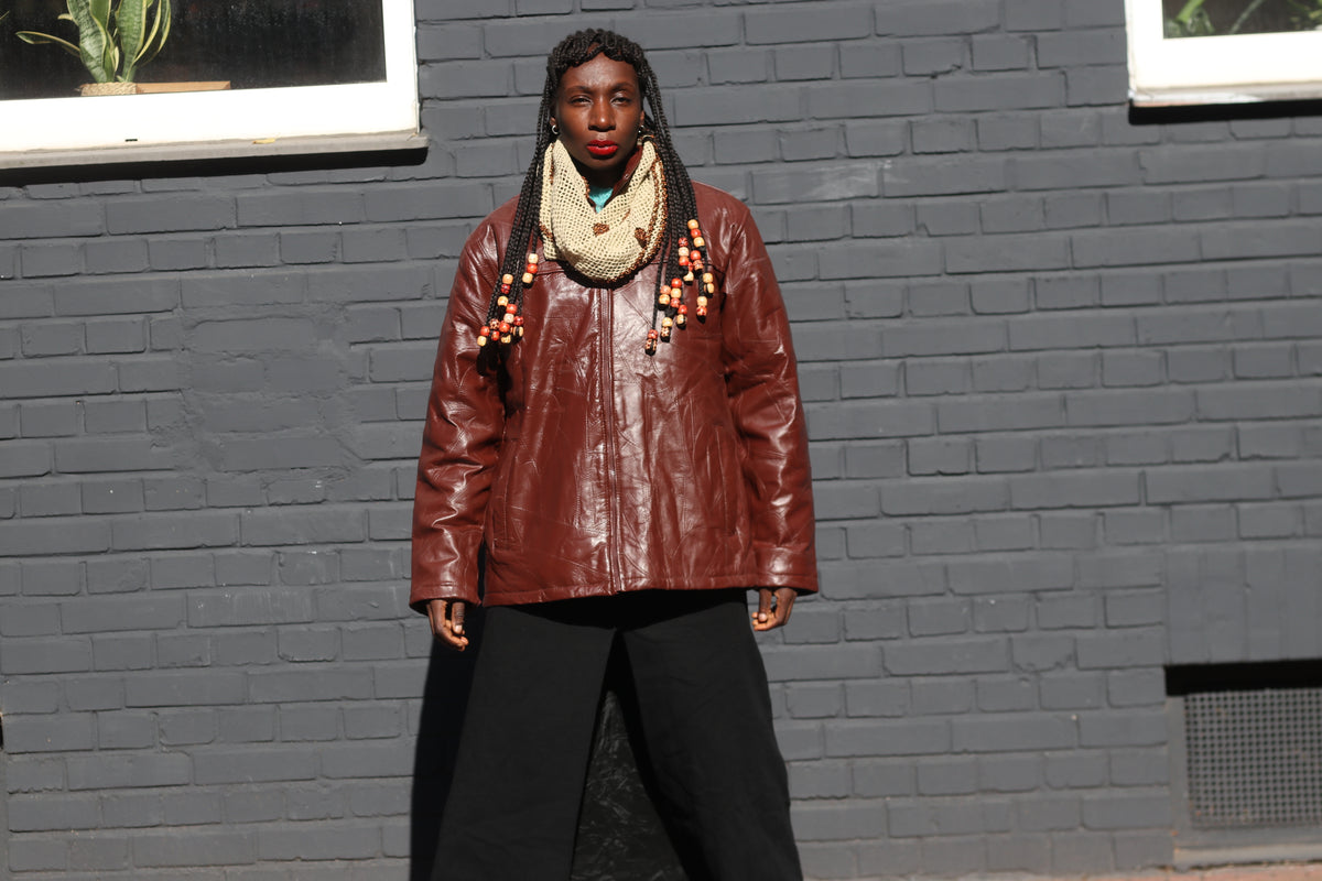 Vintage Brown Leather Jacket - 90s Minimalist Zip Coat - L
