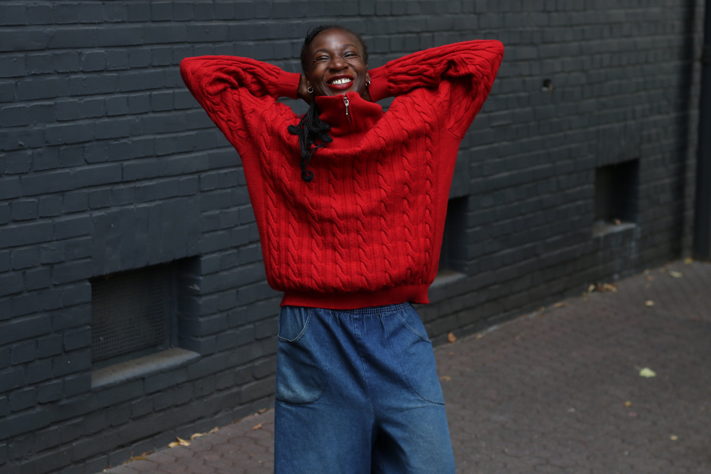 Merino Wool Sweater - Vintage Red Cable Knit Quarter Zip Jumper  L