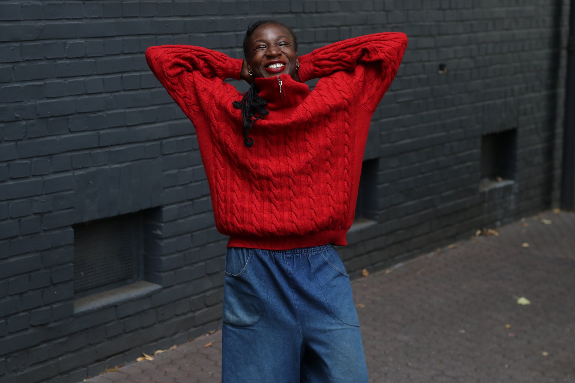 Merino Wool Sweater - Vintage Red Cable Knit Quarter Zip Jumper  L