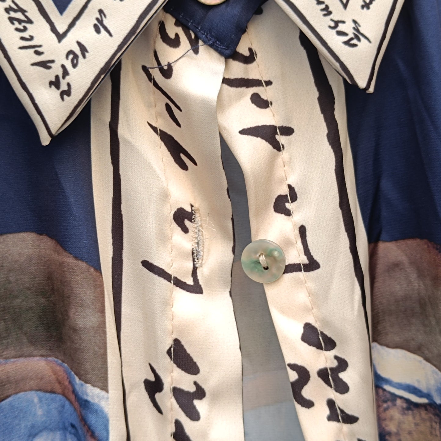 Vintage Silk Landscape Print Shirt - 90s Oversized Blue Blouse  M/L