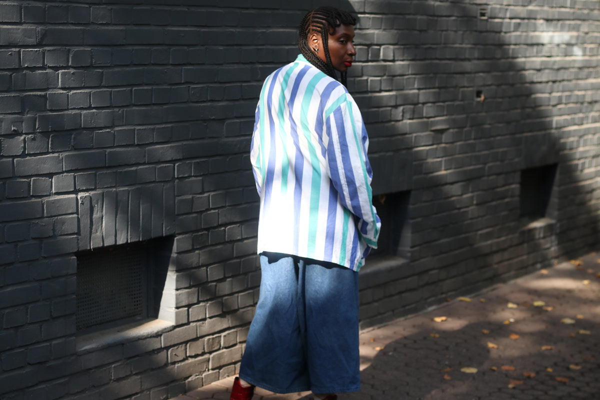 Striped Cotton Shirt Jacket - 80s Vintage Oversized Overshirt | L