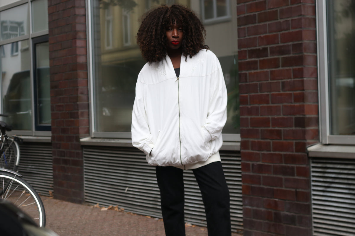 Vintage 80s Piretta White Embroidered Bomber Jacket | Oversized Zip Up M