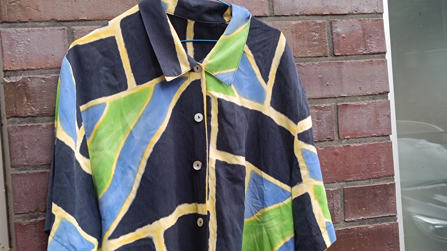 Vintage 90s Abstract Geometric Short Sleeve Blouse Rayon Festival Graphic Shirt