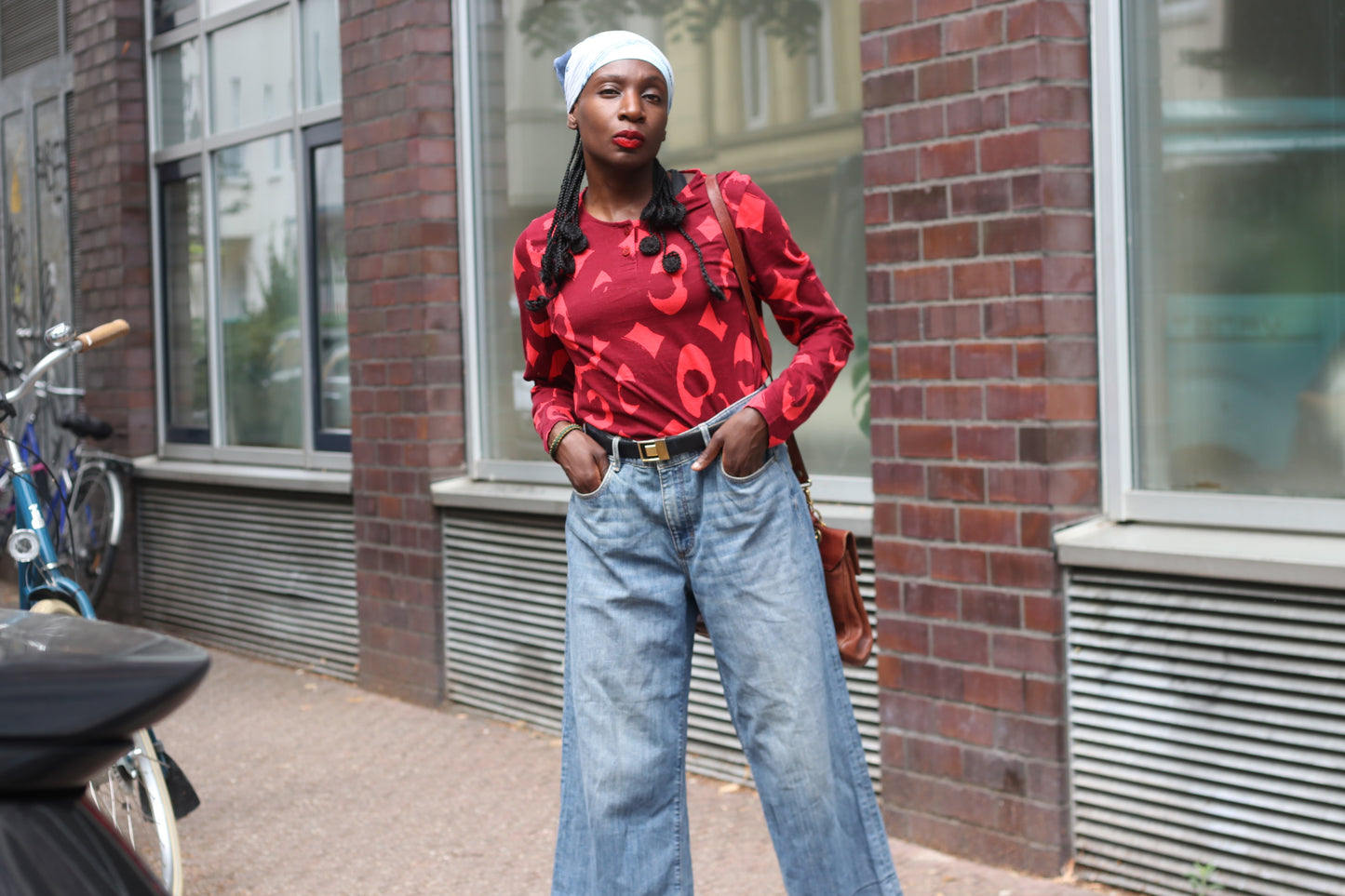 Marimekko Vintage Red Graphic Top - Y2K Long Sleeve Cotton Shirt