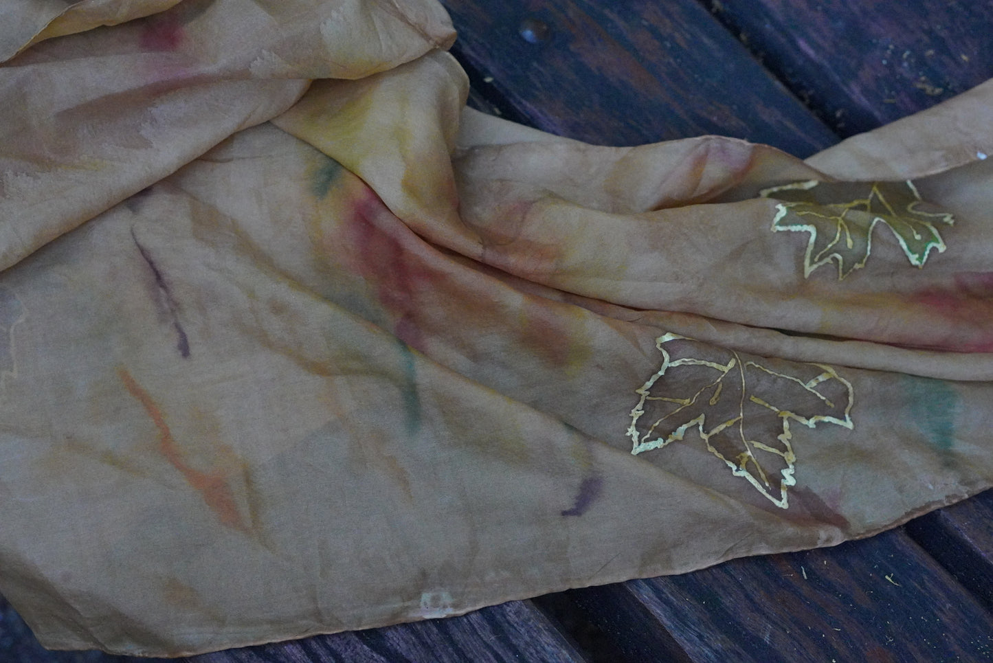 Vintage Silk Scarf Hand Painted Earthy Autumn Maple Leaf Silk Neck Scarf Brown 90s