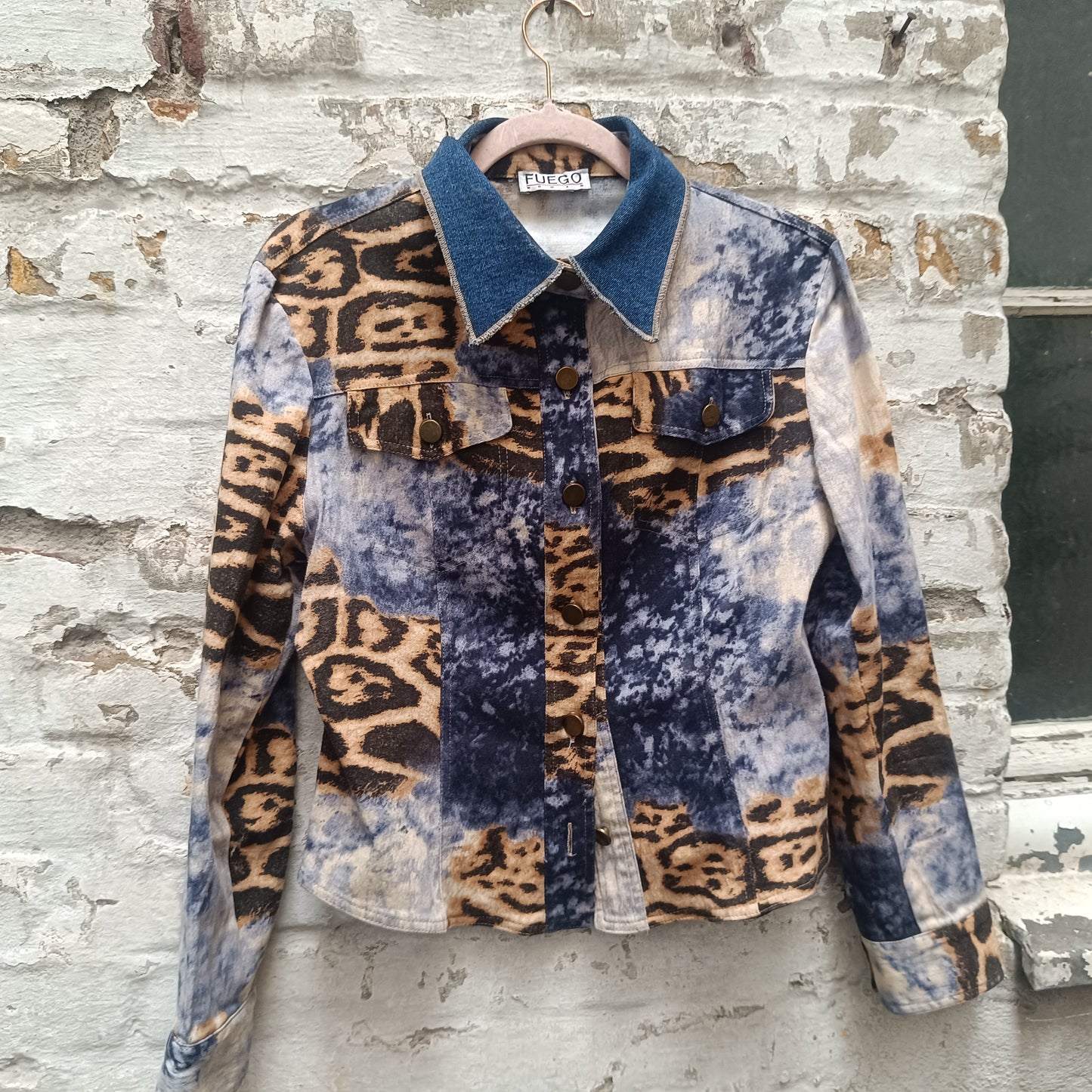 Vintage Leopard Denim Jacket | 90s Animal Print Trucker | Blue M