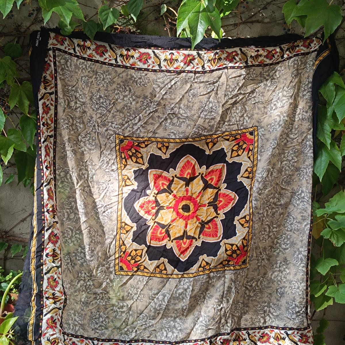 Marc Rozier Paris Vintage Scarf - Floral Mandala Wool Blend Wrap - Black Gold