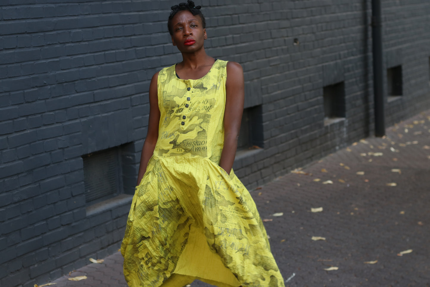 Yellow Avant-Garde Newspaper Dress - 90s Printed Balloon Midi - M/L