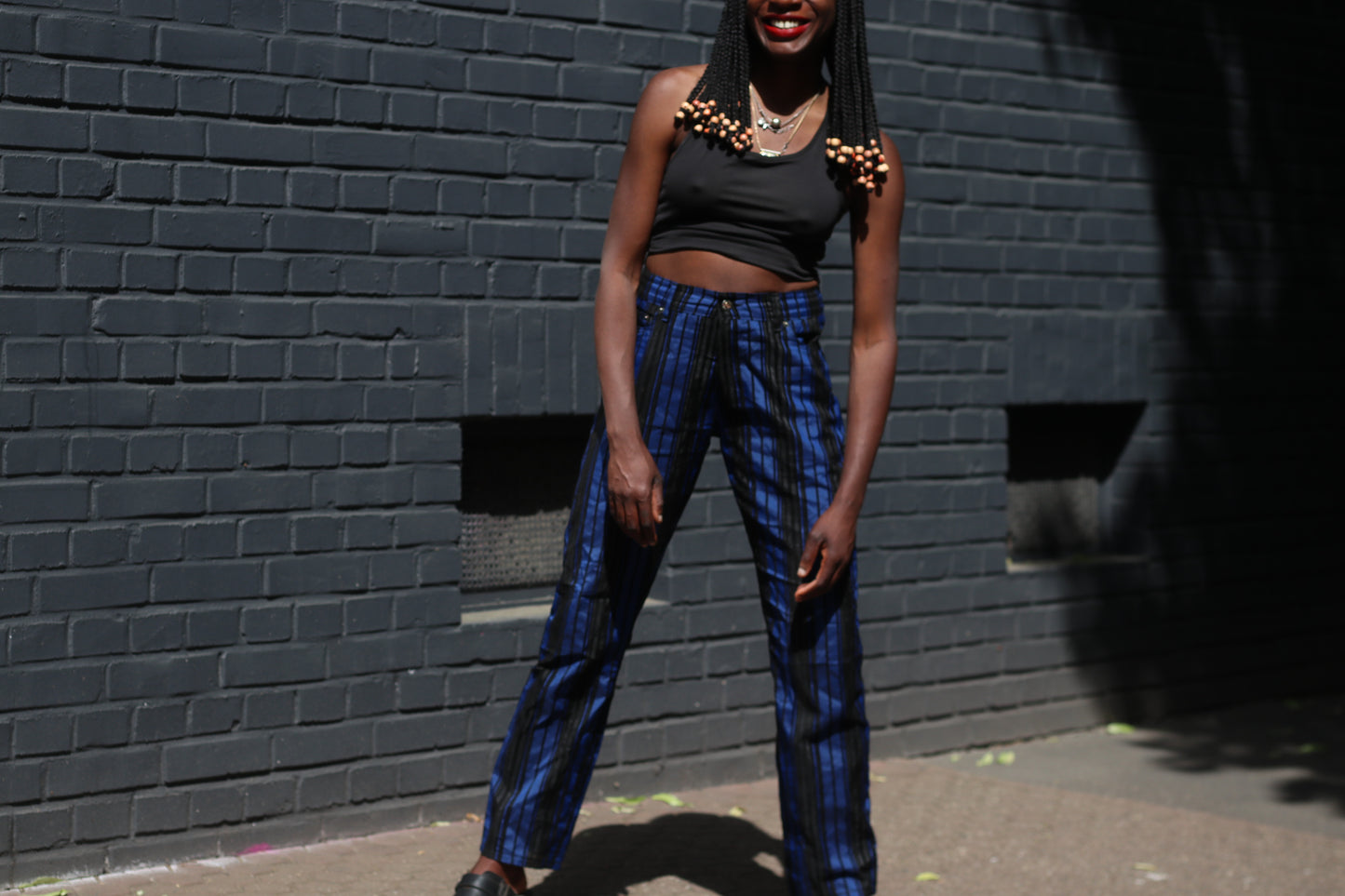 Vintage 80s Blue Striped Pants High Waisted Straight Leg Trousers Size M