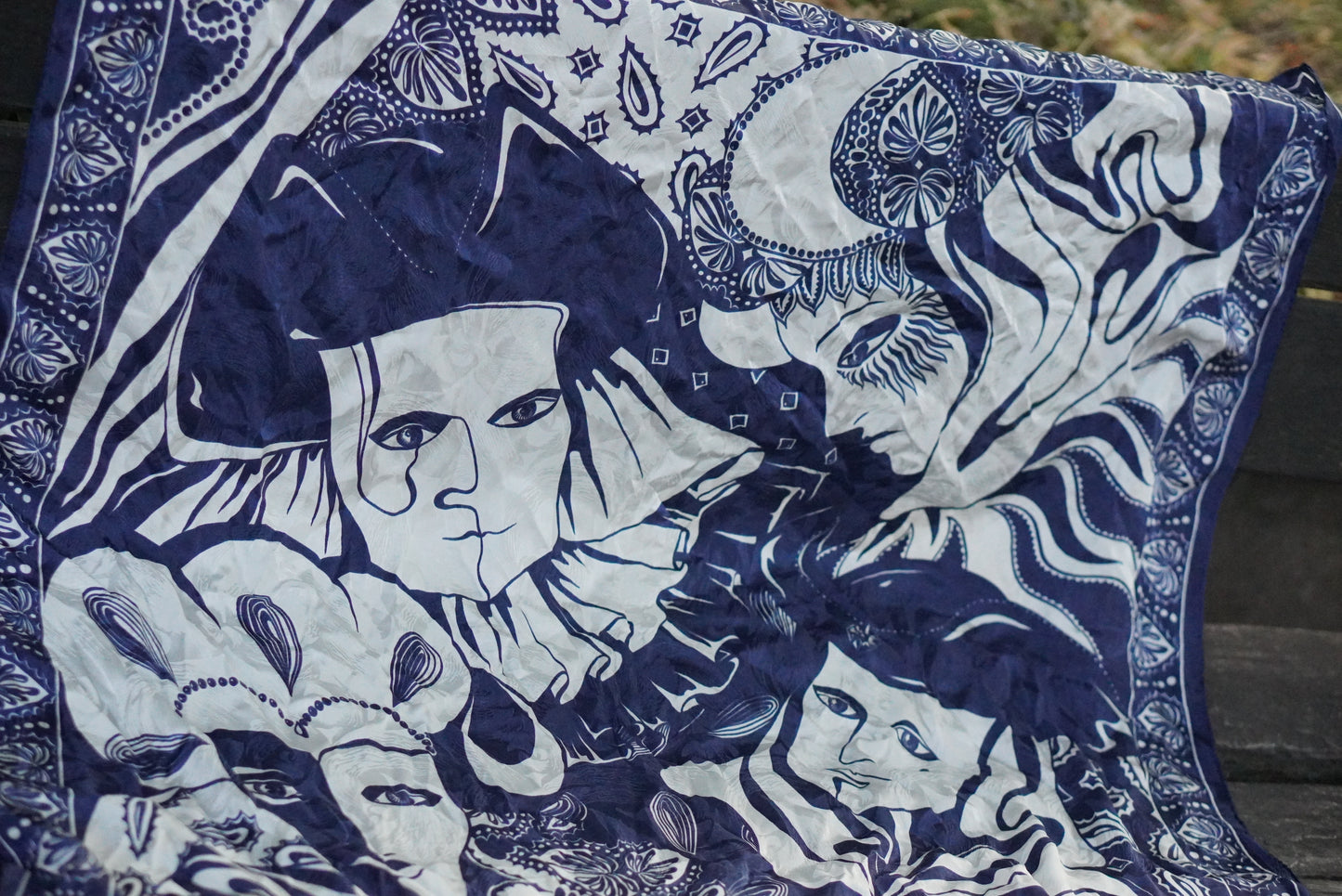 Vintage 1980s Silk Scarf Venetian Masquerade Navy Blue Jacquard Harlequin Border