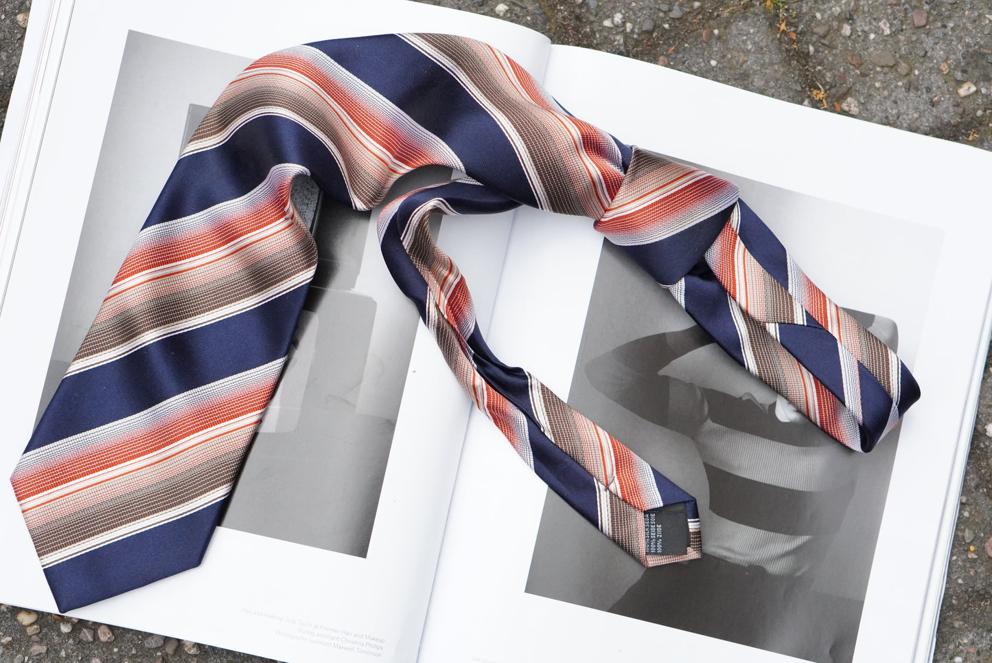 Vintage 1980s Silk Tie Navy Blue Orange Striped Necktie Retro Academic Preppy