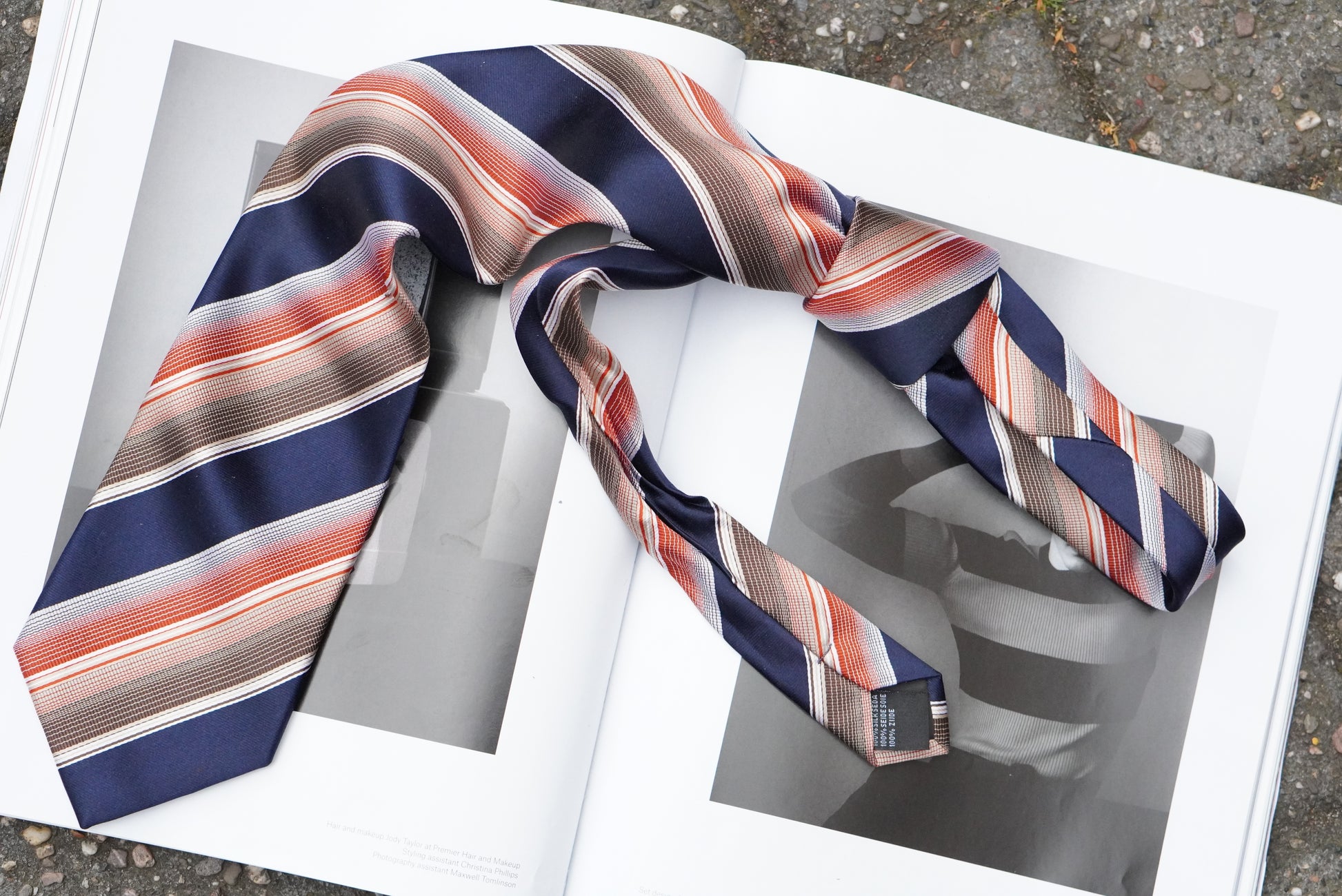 Vintage 1980s Silk Tie Navy Blue Orange Striped Necktie Retro Academic Preppy