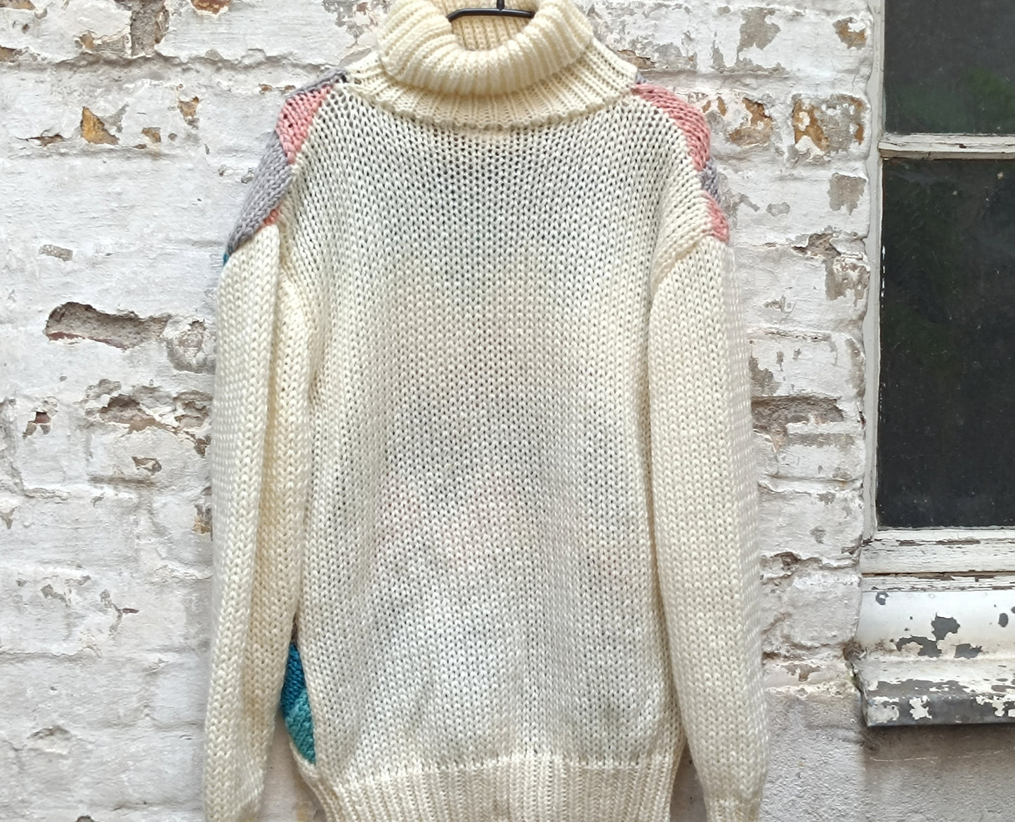 Vintage 80s Geometric Knit Turtleneck Sweater - Oversized Chunky Jumper