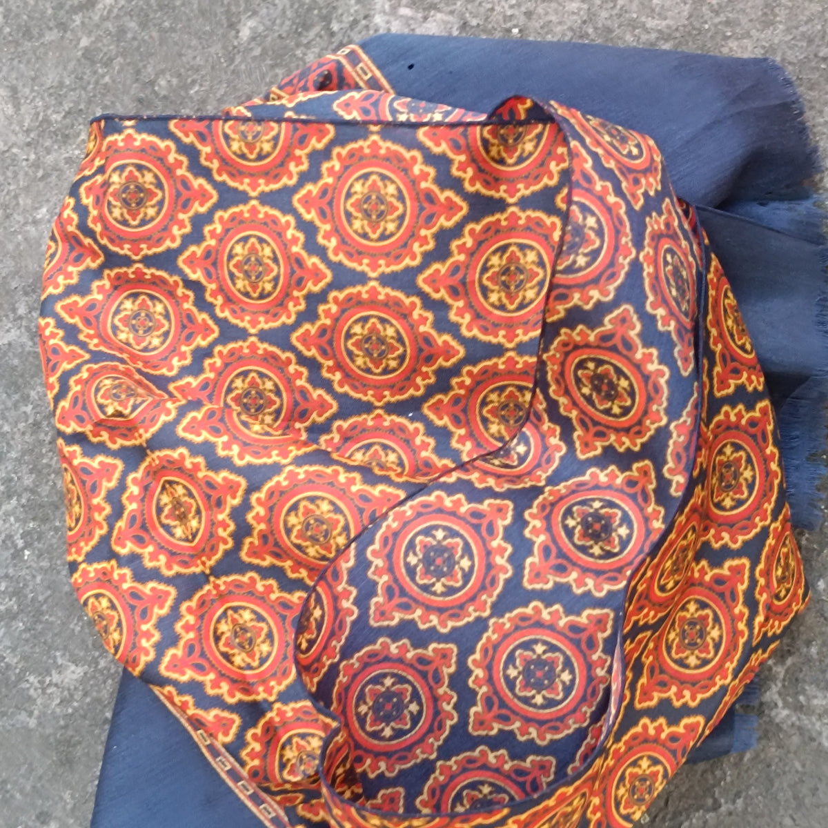 Vintage Silk Blend Scarf | Paisley Tile Wool Scarf | Navy Orange