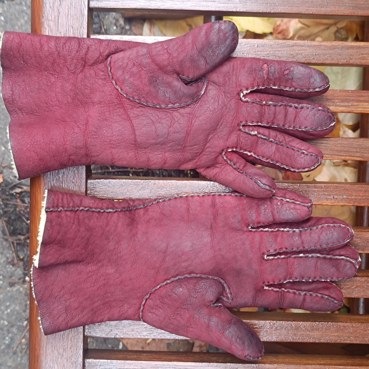 Burgundy Leather Gloves Vintage 70s Faux Shearling Lined Winter Mittens | S
