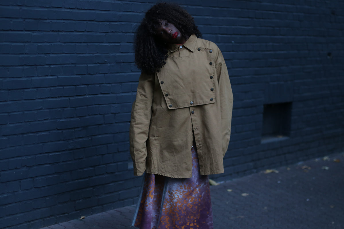 Vintage Military Style Bib Jacket - 90s Khaki Shirt Jacket - M/L