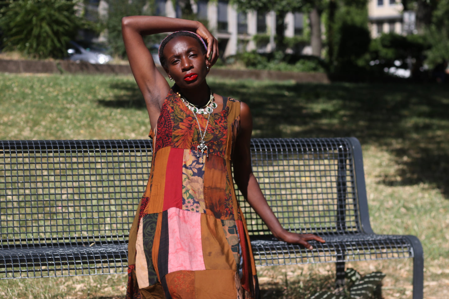 Vintage 90s Patchwork Dress Boho Earthy Midi Grunge Hippie Sleeveless Sundress