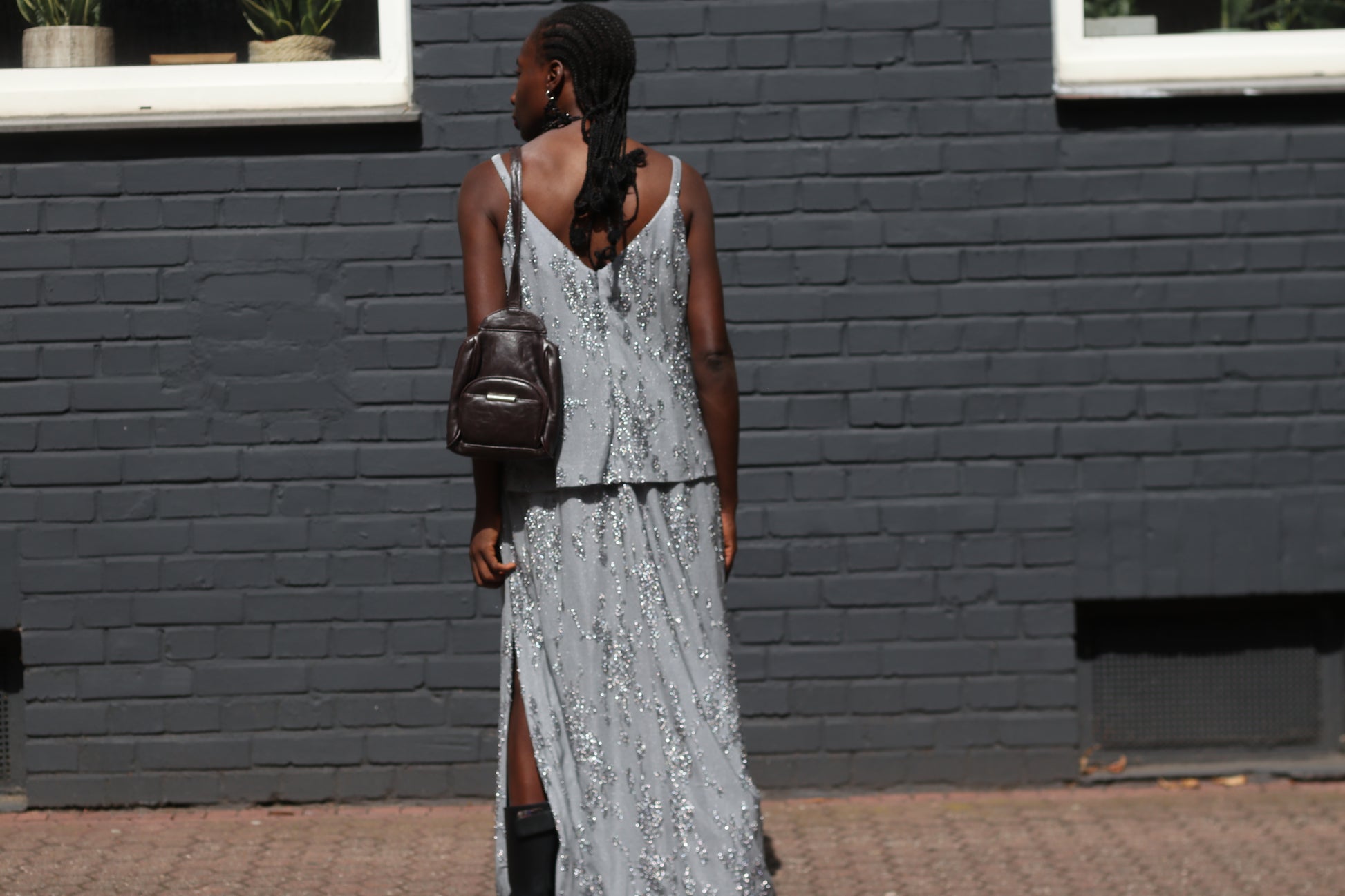Vintage Silver Sequin Layered Dress - 90s Huey Waltzer En Francais Maxi