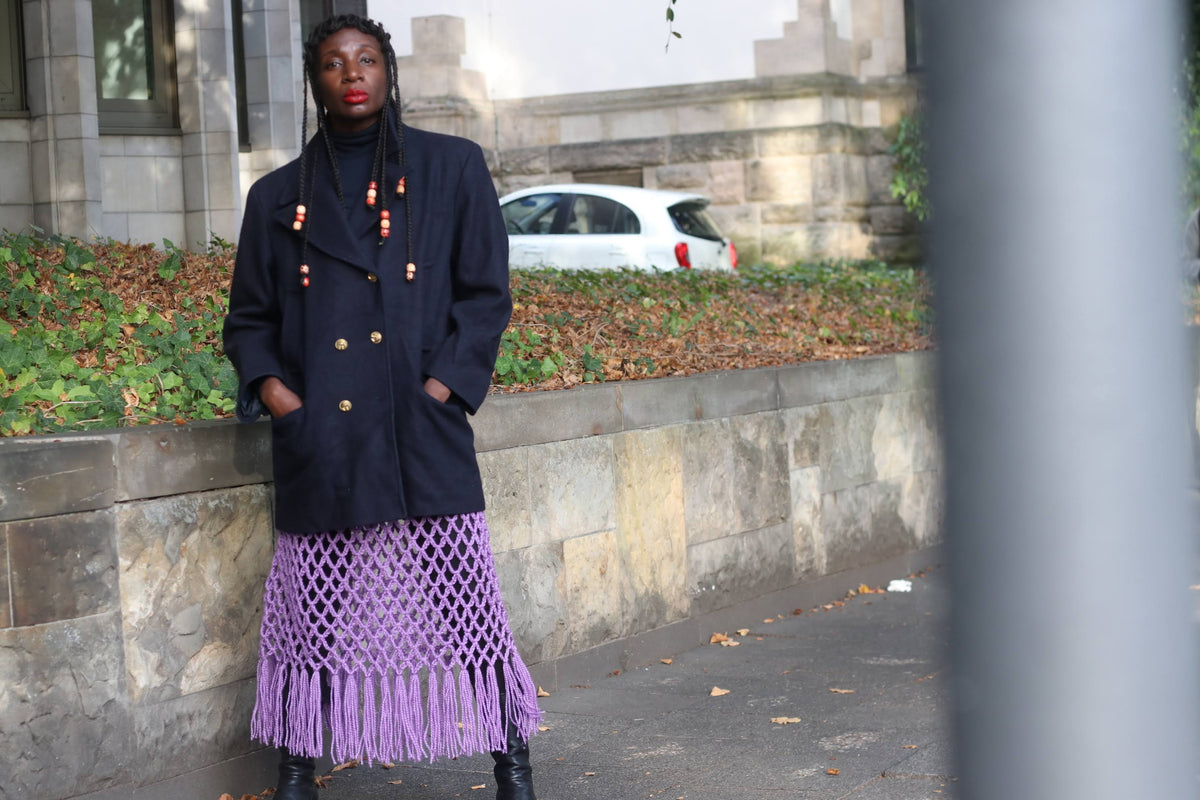 Vintage Purple Crochet Fringe Midi; Skirt | Open Knit Macrame Skirt S M