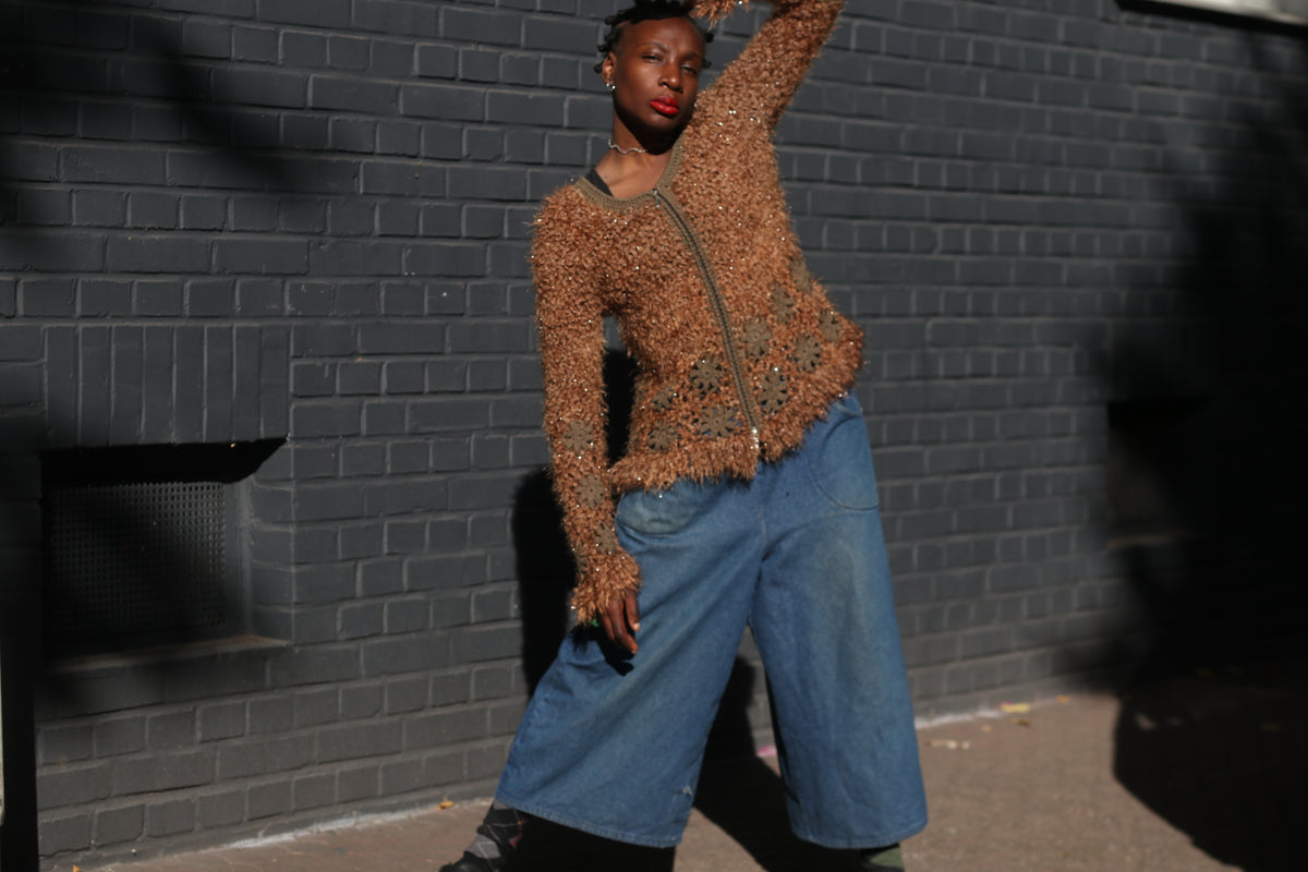 Vintage Brown Fuzzy Knit Cardigan | Y2K Crochet Trim Zipper Sweater XL