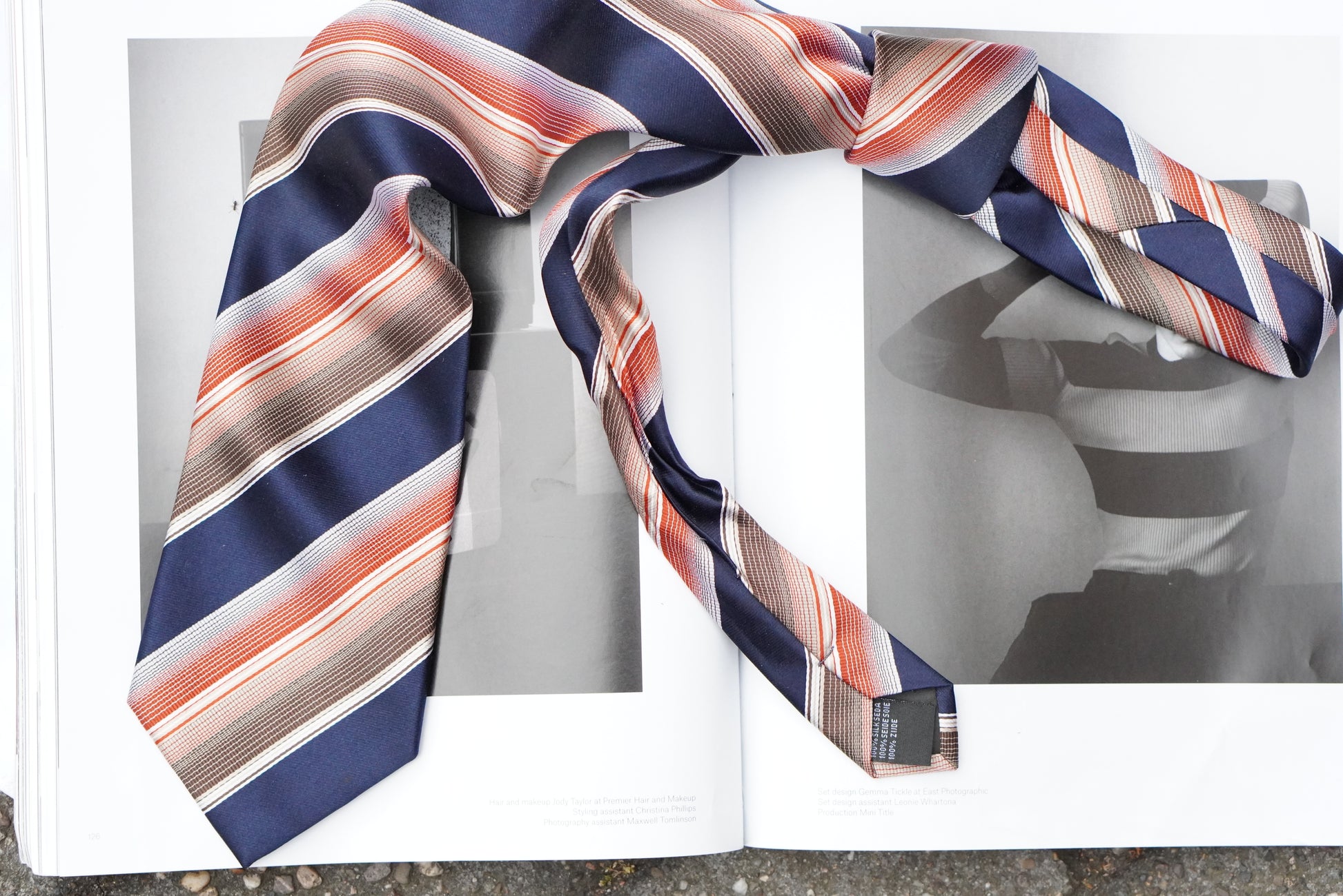 Vintage 1980s Silk Tie Navy Blue Orange Striped Necktie Retro Academic Preppy