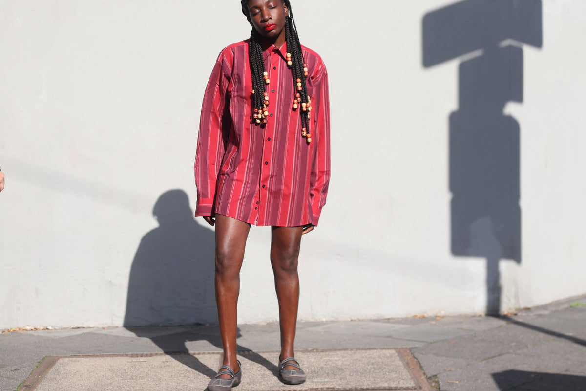 Vintage Striped Shirt - 90s Red Cotton Blend Unisex Christian Berg Button Up - M/L