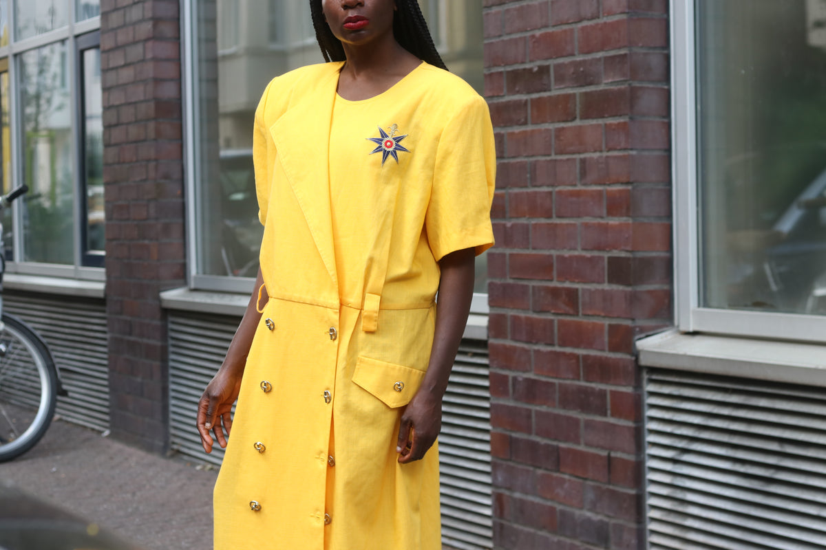 Vintage 80s Yellow Trench Dress | Short Sleeve Midi Shirtdress L to XL