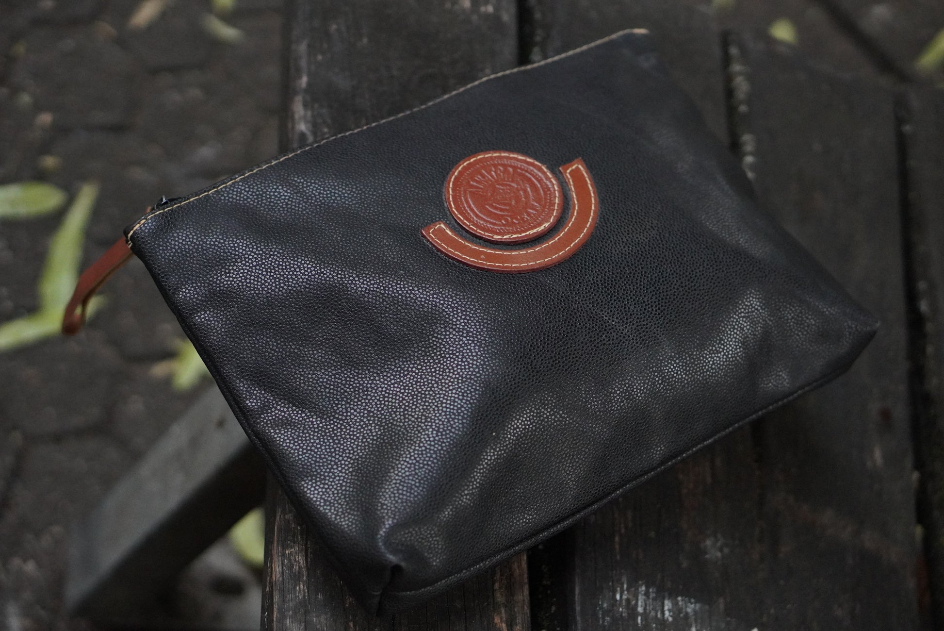 Albatross Ocean Vintage Clutch Bag Black Textured Leather Makeup Pouch 80s 90s