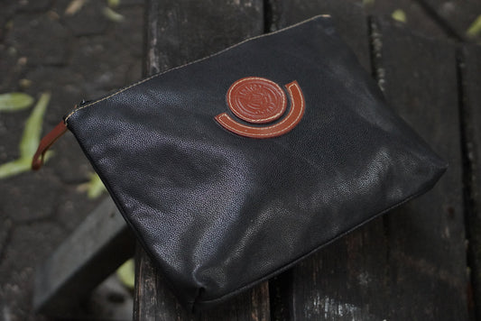 Albatross Ocean Vintage Clutch Bag Black Textured Leather Makeup Pouch 80s 90s
