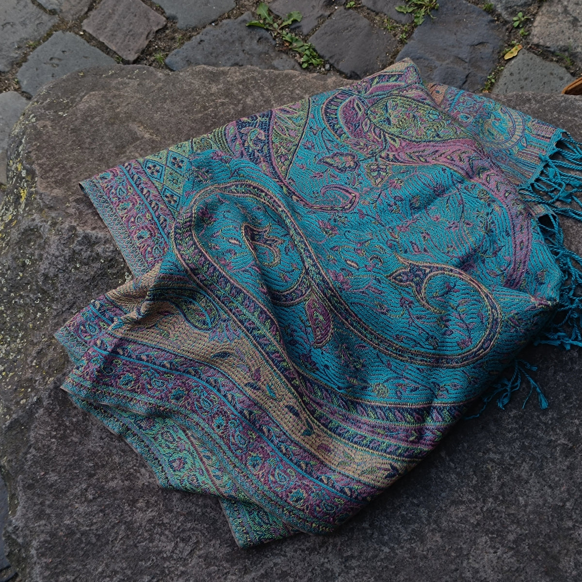 Teal and Purple Paisley Patterned Scarf with Fringe