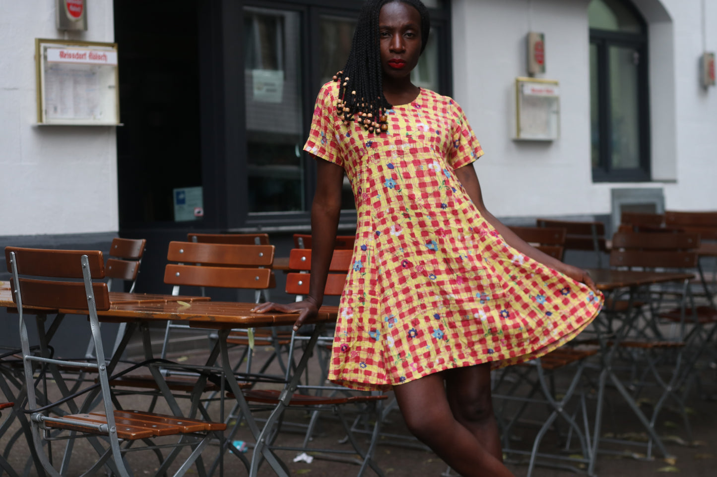 Vintage 1990s Gingham Dress Floral Plaid Mini Dress Yellow Red Smock Grunge Medium
