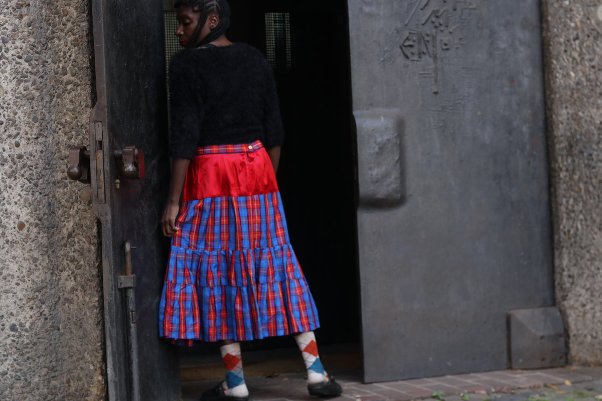 Vintage Tartan Midi Skirt 80s plaid tiered red blue fits L