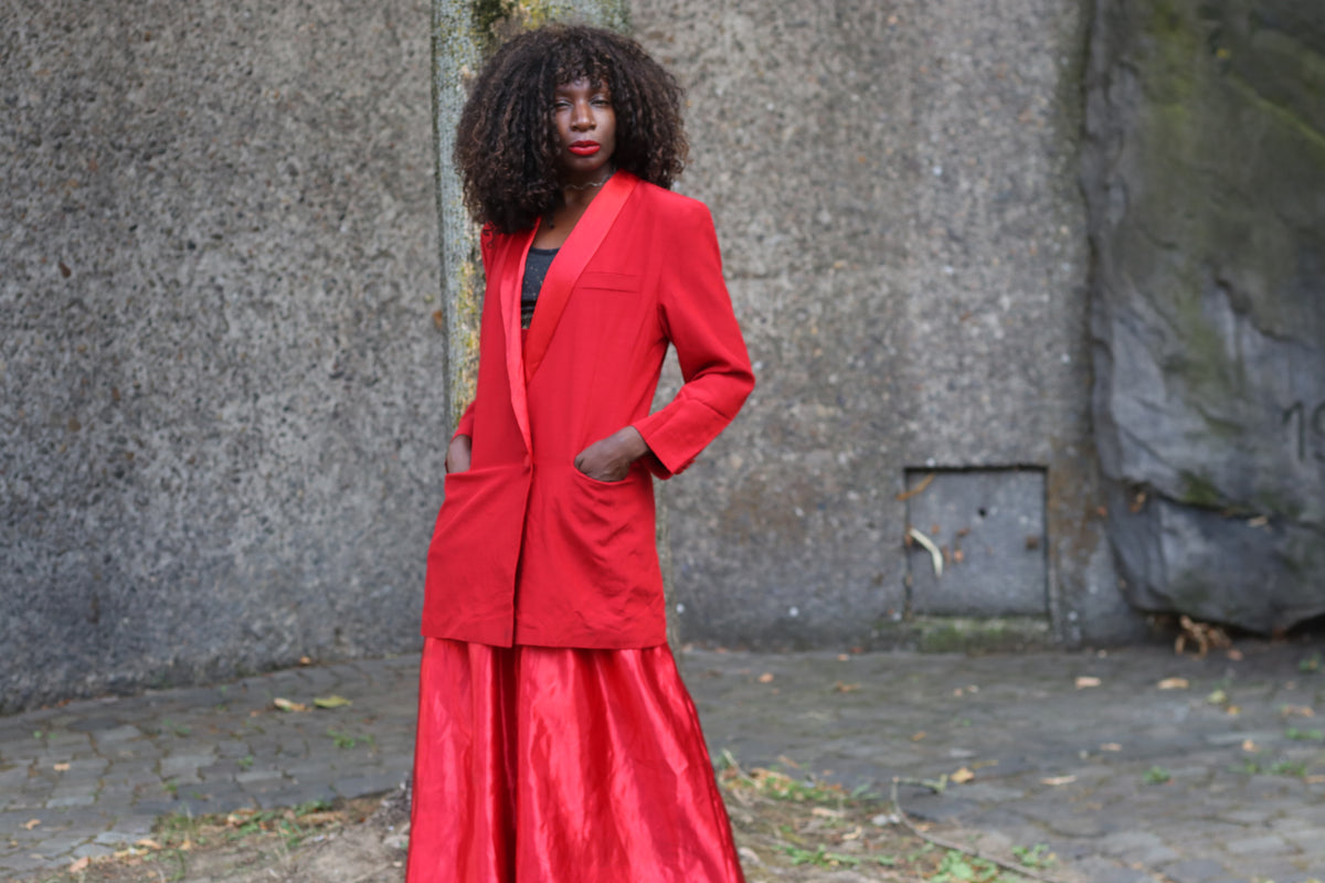 Vintage Red Tuxedo Blazer | 80s Satin Shawl Collar Evening Coat | M