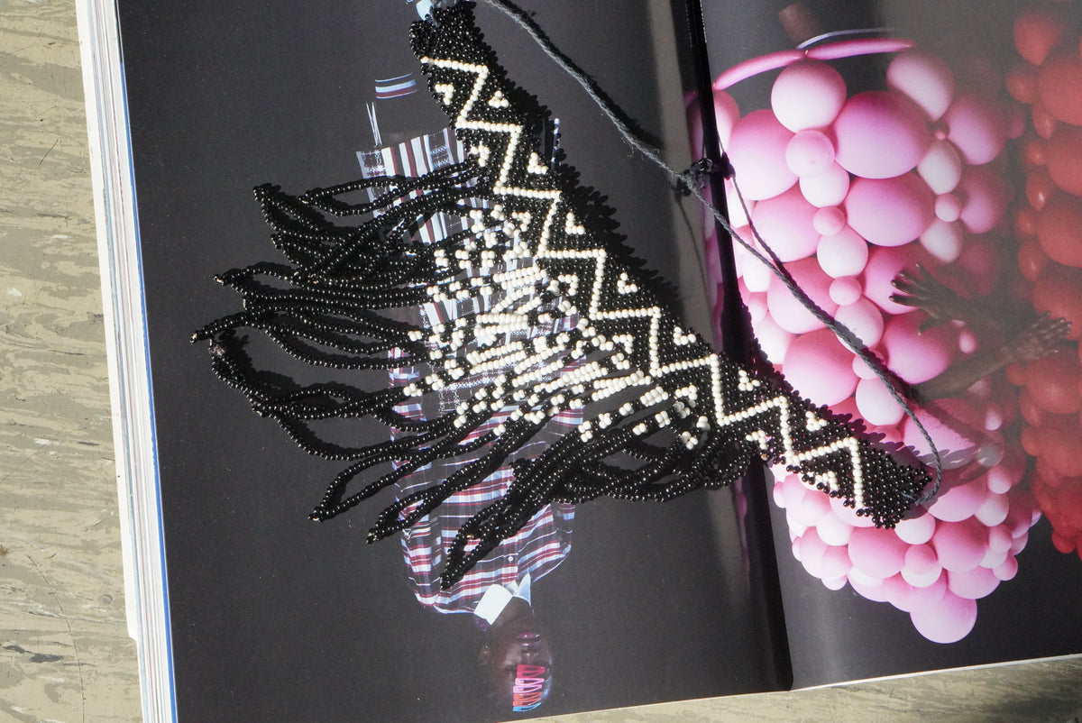 Beaded Statement Collar Necklace | Vintage Boho Geometric Fringe | Black White