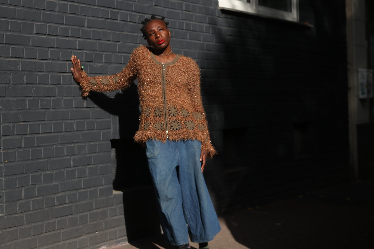 Vintage Brown Fuzzy Knit Cardigan | Y2K Crochet Trim Zipper Sweater XL